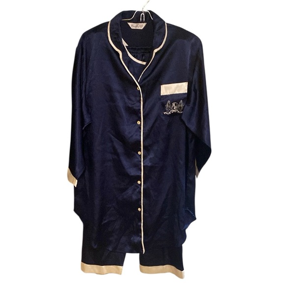 Beauty Navy Blue White 3-Piece Satin Like Pajama Set Korean Made About Size M - Picture 1 of 8
